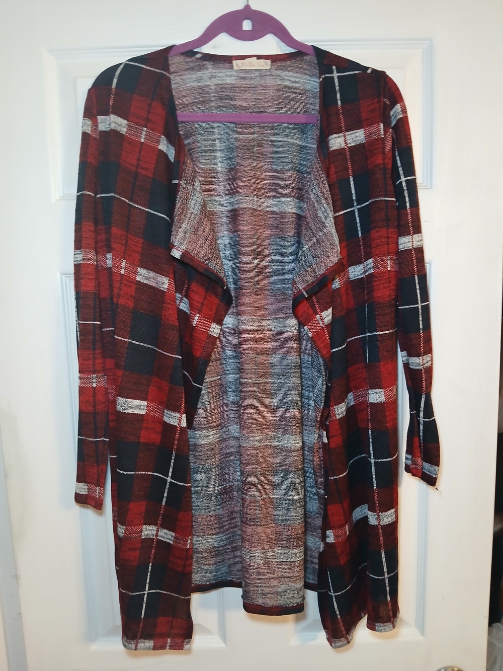 It's Our Time Red and Black Plaid Open-Front Cardigan